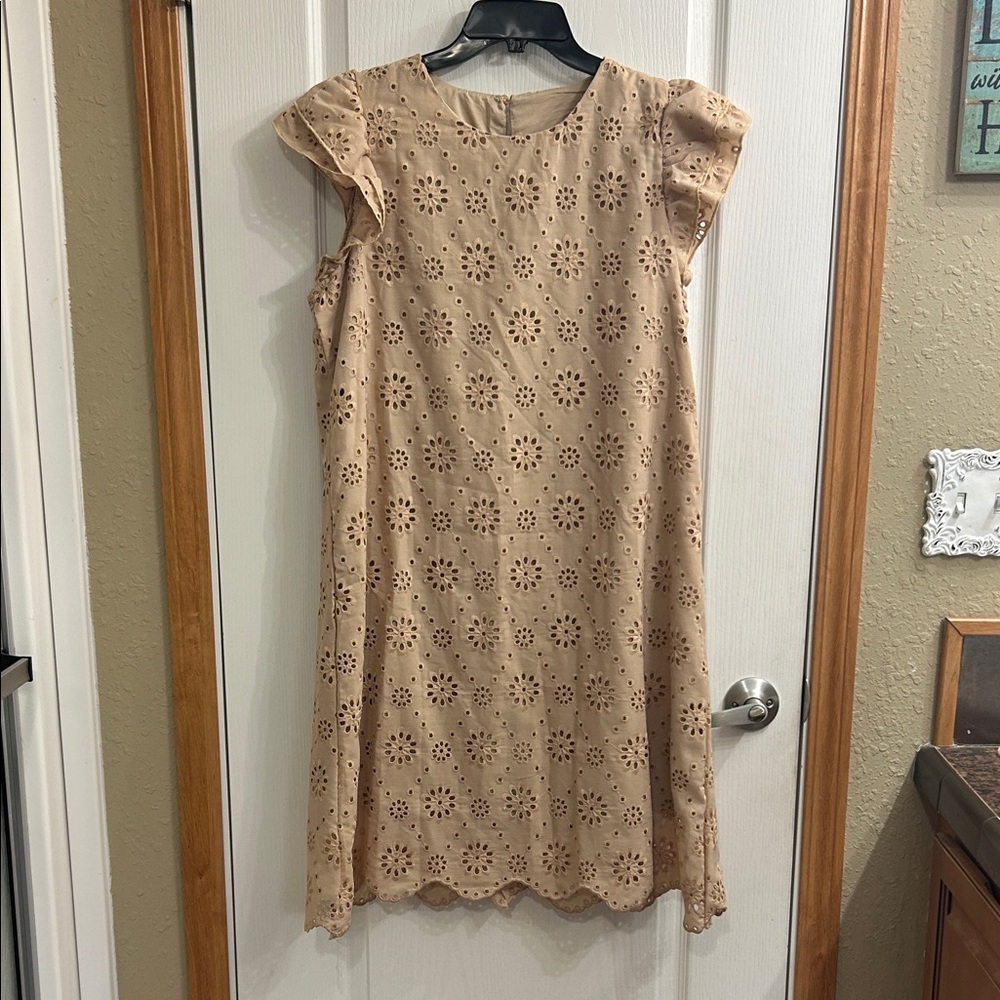 SHEIN Tan Floral Eyelet Mini Dress
